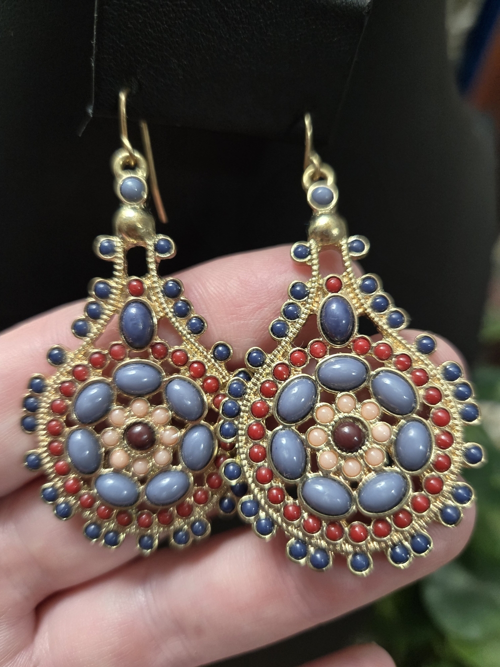 Vintage Ottoman Style Filigree Drop Earrings Gold Tone Blue Red Cabochon Boho